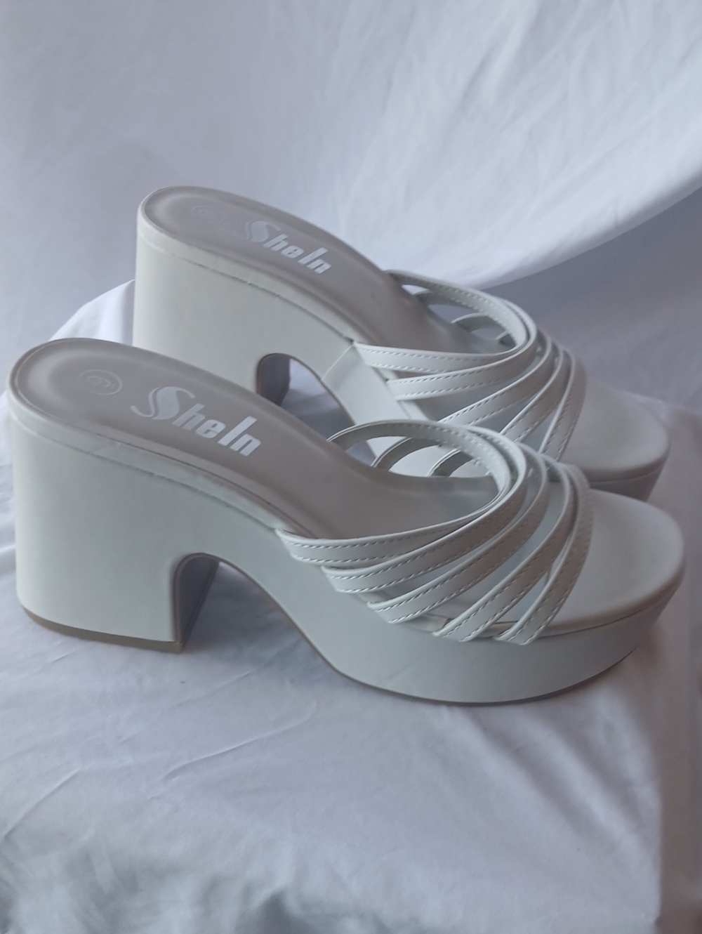 SheIn White Multi-Strap Platform Block Heel Mules